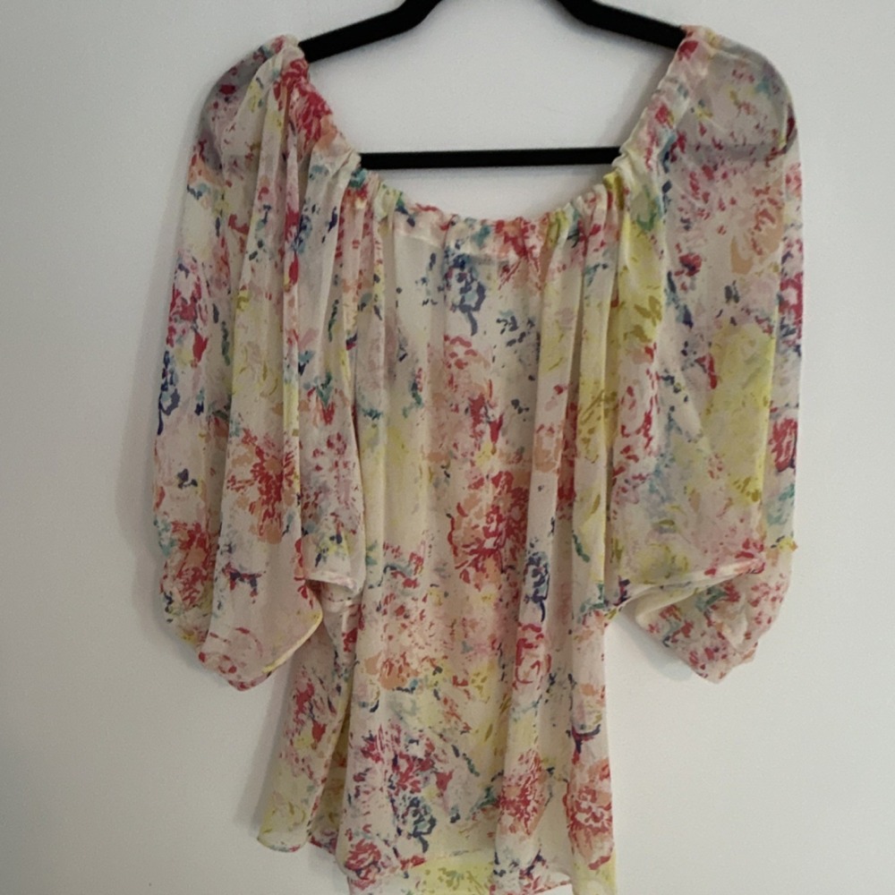 CAbi Multicolor Floral Chiffon Tunic Blouse XS Scoop Neck Balloon Sleeve Women - Picture 3 of 4